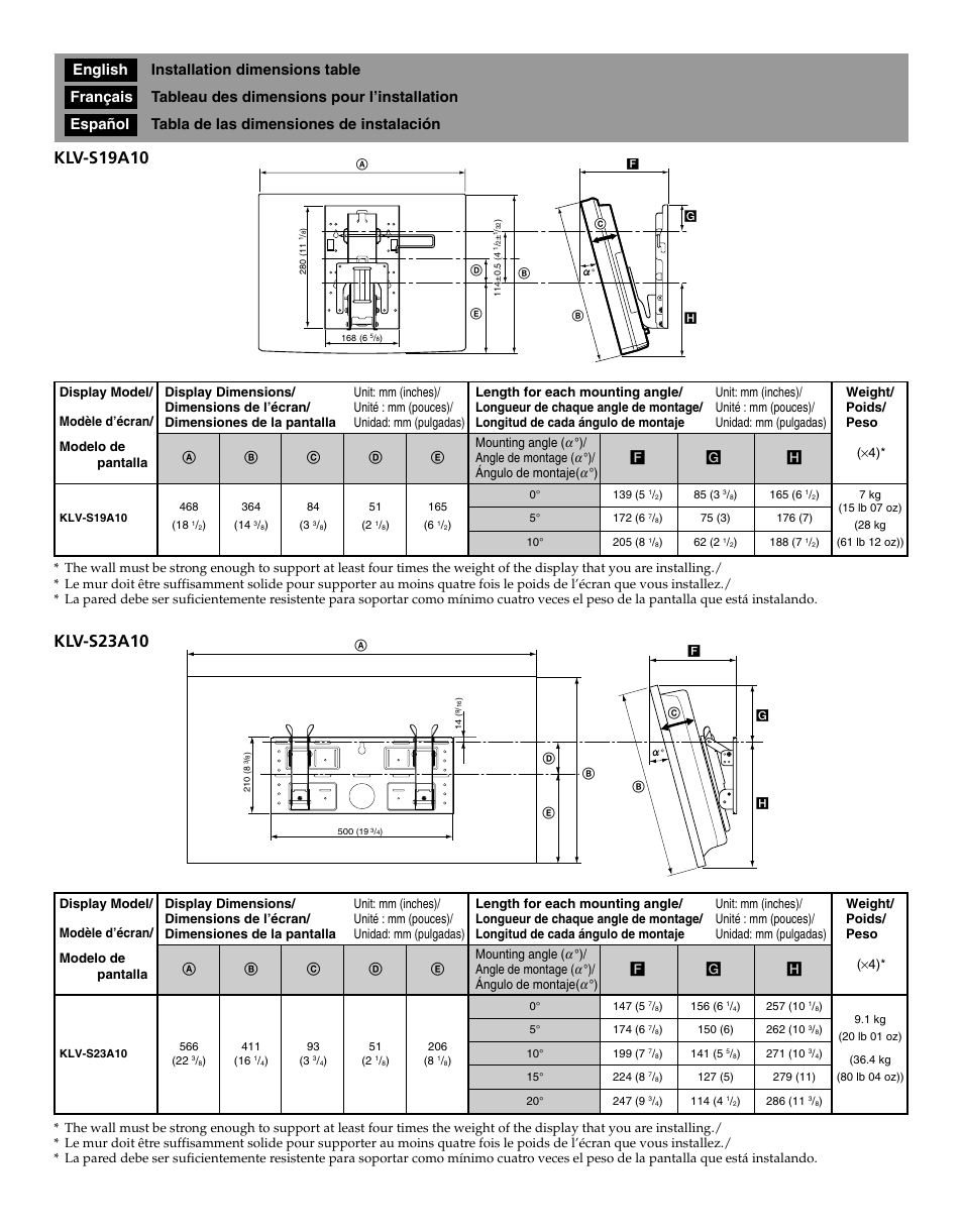 Dimensions, Klv-s19a10, Klv-s23a10 | Sony KLV-S19A10 User Manual | Page 16 / 16