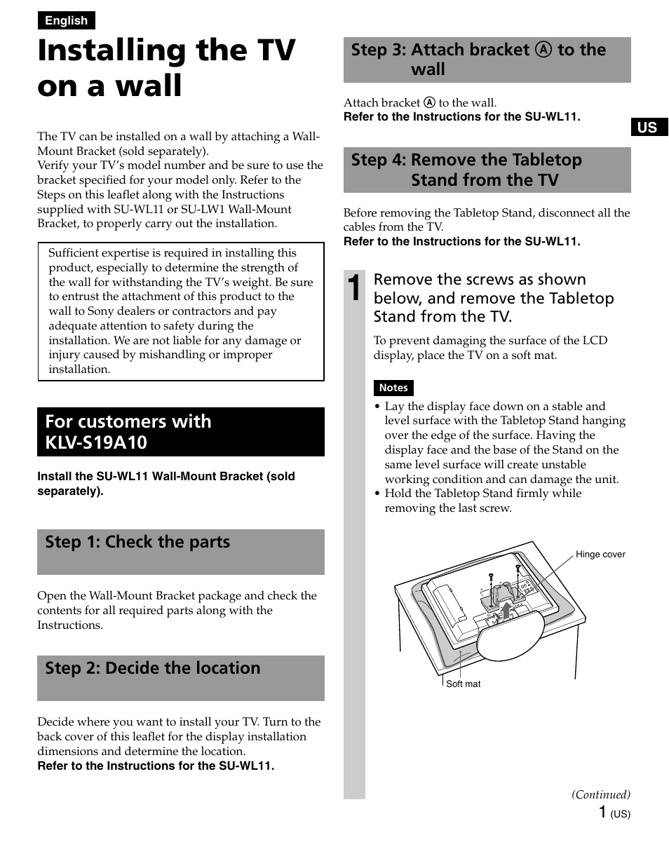 English, Installing the tv on a wall, For customers with klv-s19a10 | Sony KLV-S19A10 User Manual | Page 3 / 16