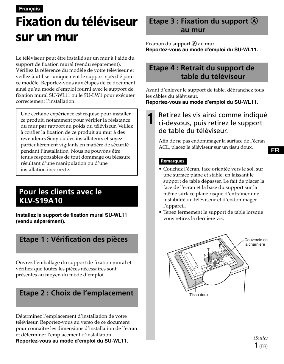 Français, Fixation du téléviseur sur un mur, Pour les clients avec le klv-s19a10 | Sony KLV-S19A10 User Manual | Page 7 / 16