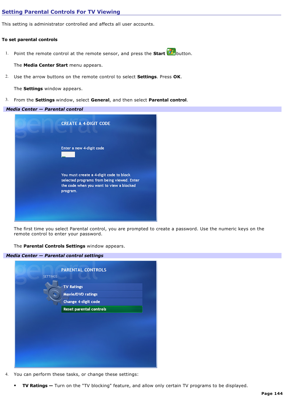 Setting parental controls for tv viewing | Sony VGC-RA710G User Manual | Page 144 / 262