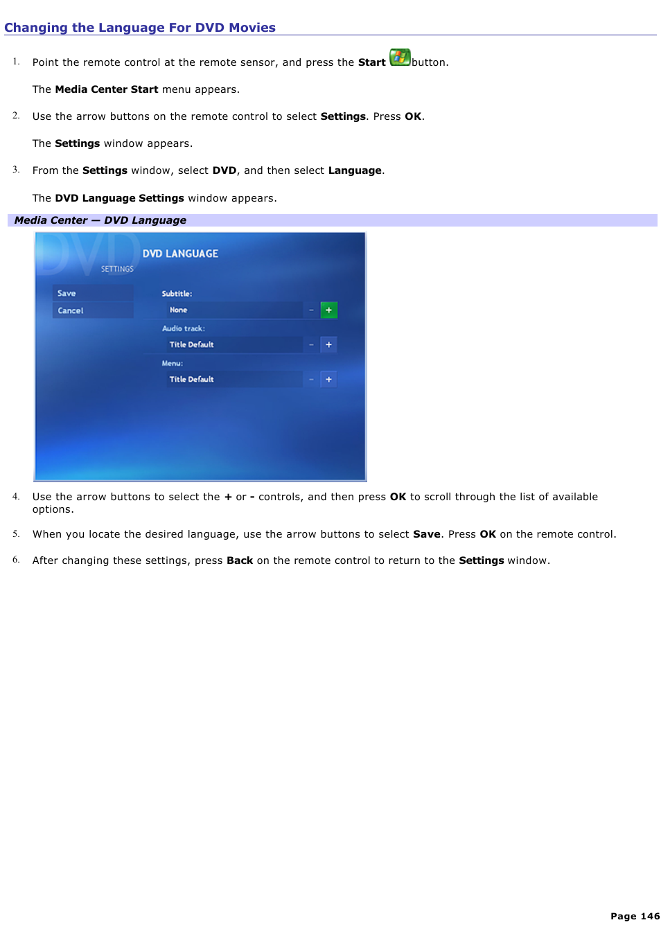 Changing the language for dvd movies | Sony VGC-RA710G User Manual | Page 146 / 262