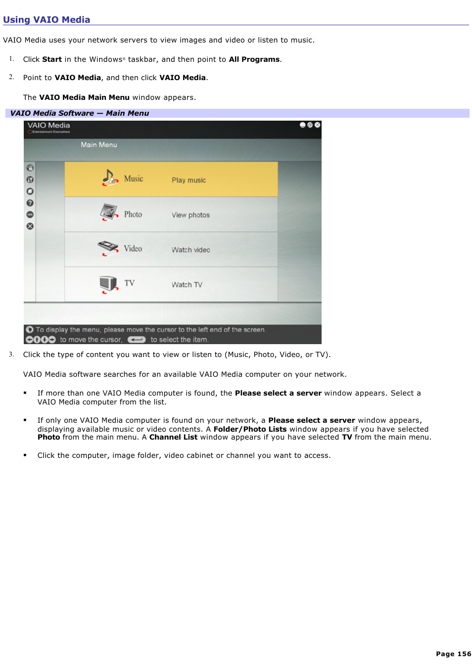 Using vaio media | Sony VGC-RA710G User Manual | Page 156 / 262