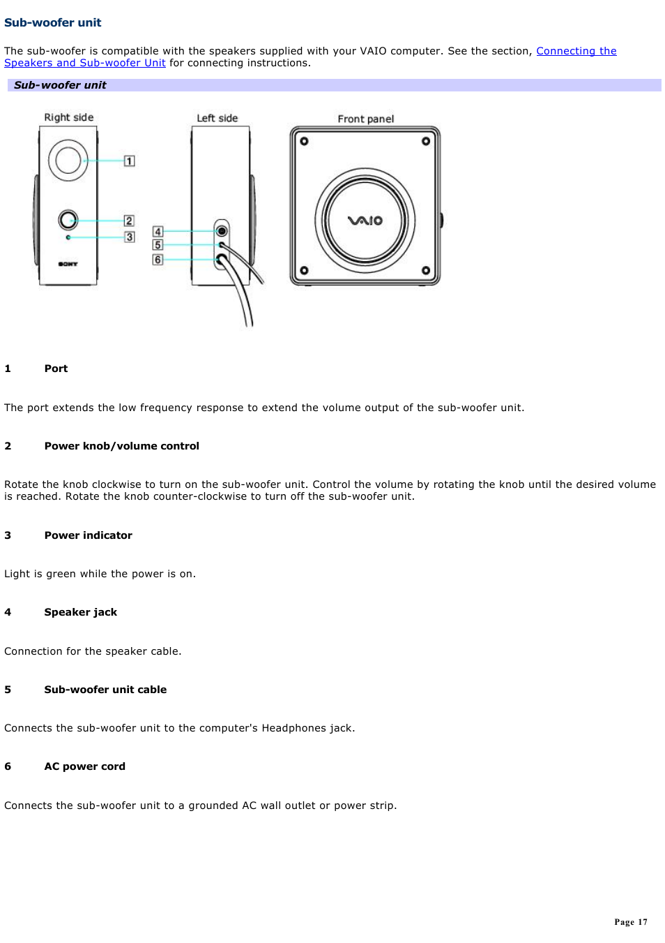 Sub-woofer unit | Sony VGC-RA710G User Manual | Page 17 / 262