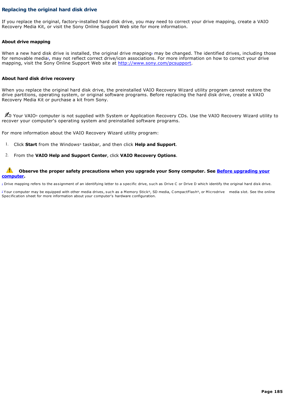 Replacing the original hard disk drive | Sony VGC-RA710G User Manual | Page 185 / 262