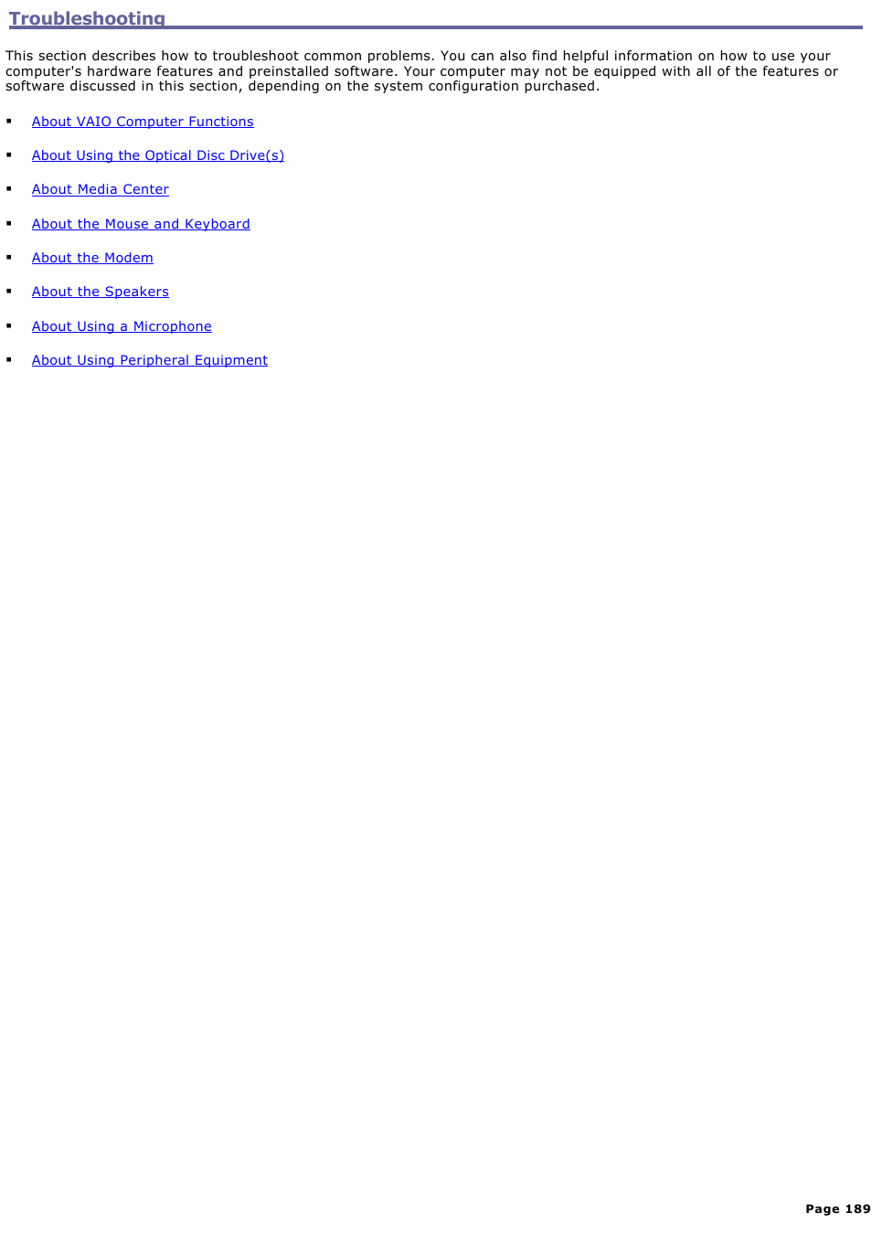 Troubleshooting | Sony VGC-RA710G User Manual | Page 189 / 262