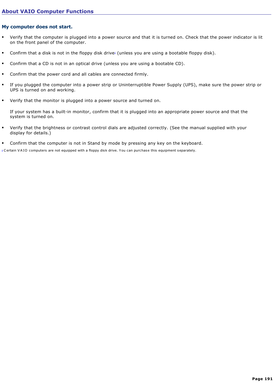 My computer does not start | Sony VGC-RA710G User Manual | Page 191 / 262