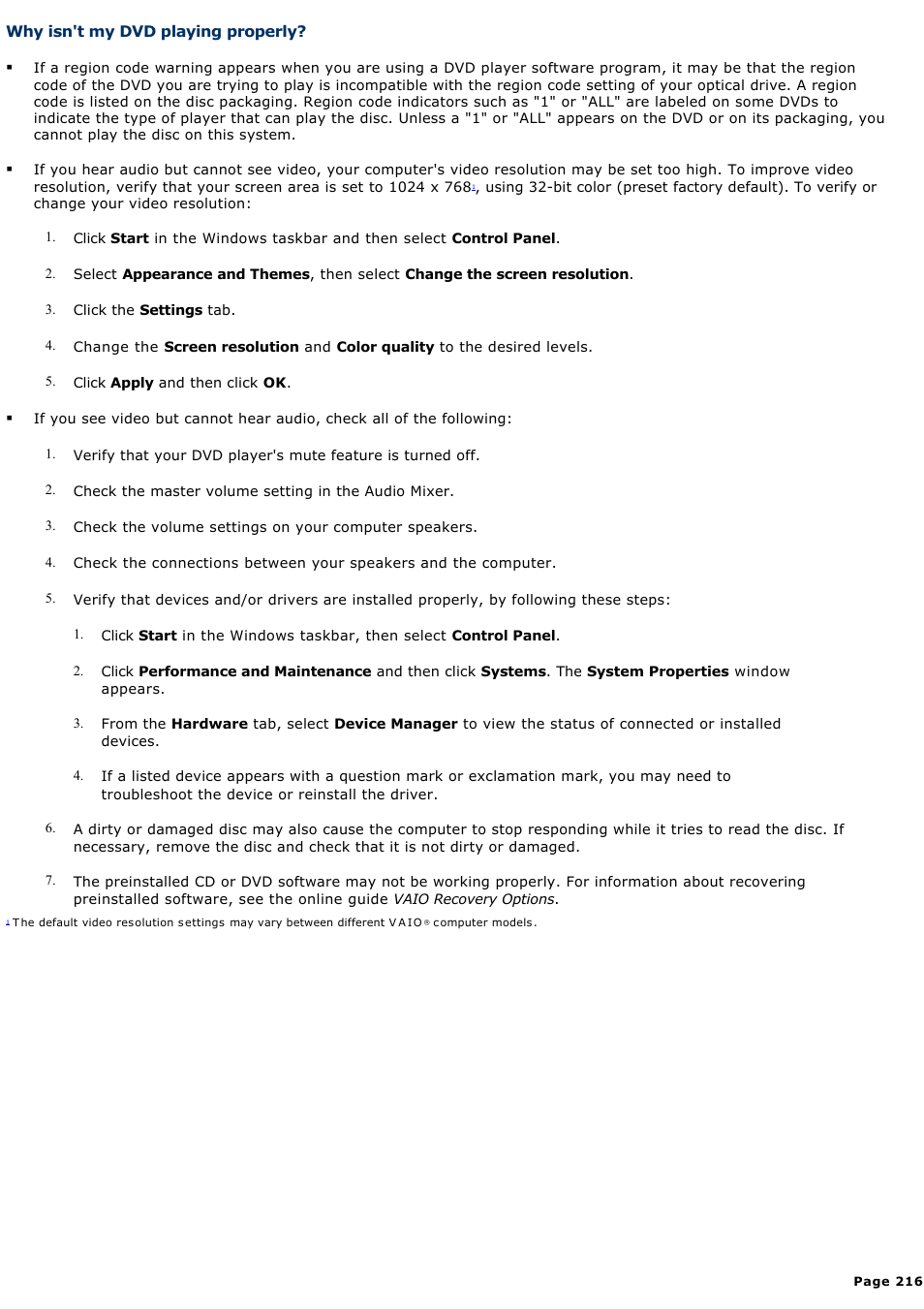Why isn't my dvd playing properly | Sony VGC-RA710G User Manual | Page 216 / 262