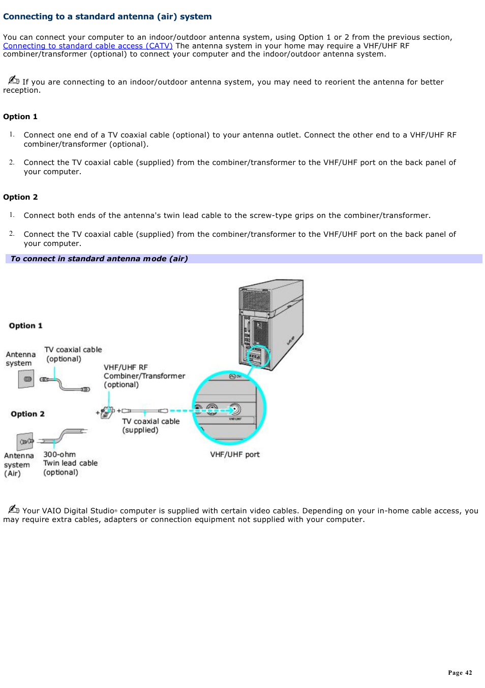 Connecting to a standard antenna (air) system | Sony VGC-RA710G User Manual | Page 42 / 262