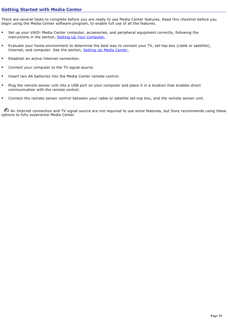 Getting started with media center | Sony VGC-RA710G User Manual | Page 53 / 262