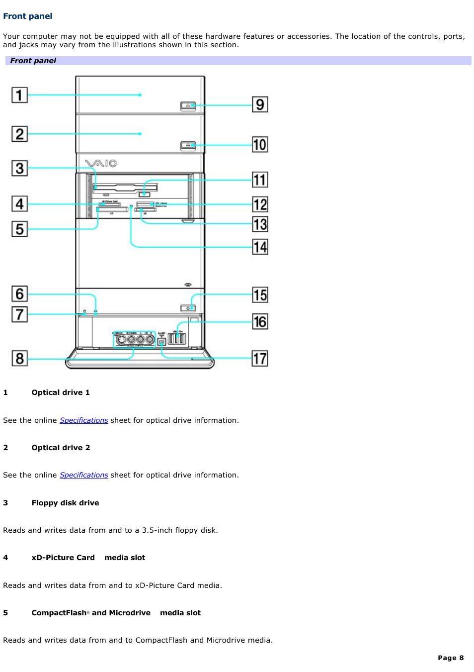 Front panel | Sony VGC-RA710G User Manual | Page 8 / 262