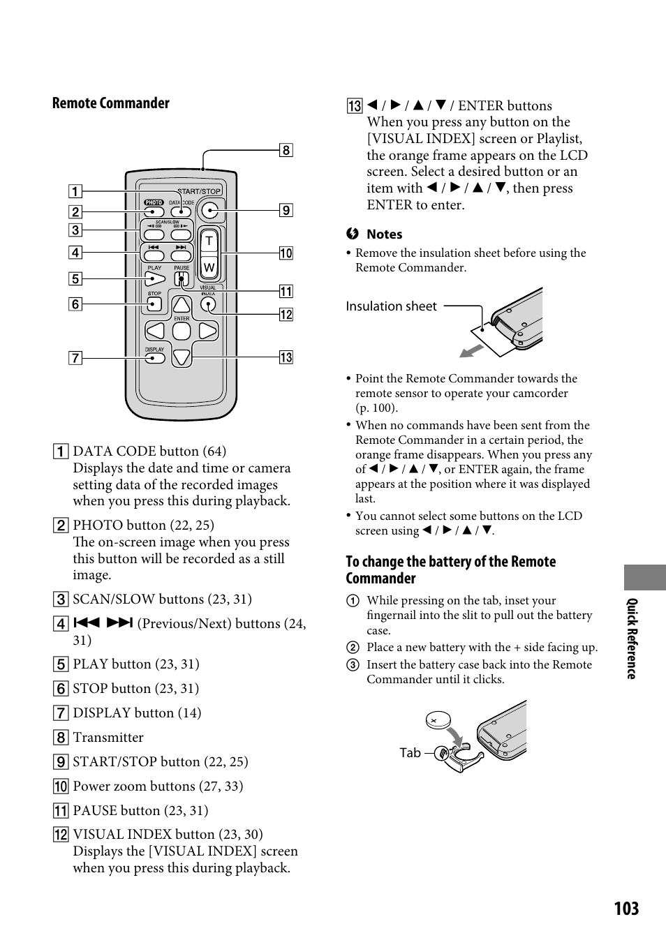 Remote commander | Sony DCR-SR220 User Manual | Page 103 / 111