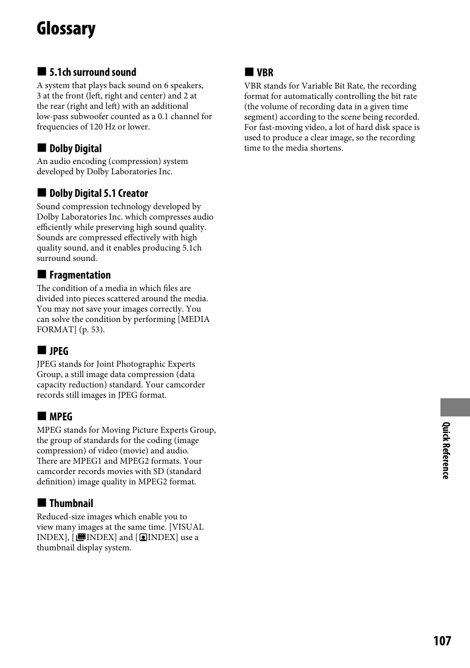 Glossary | Sony DCR-SR220 User Manual | Page 107 / 111