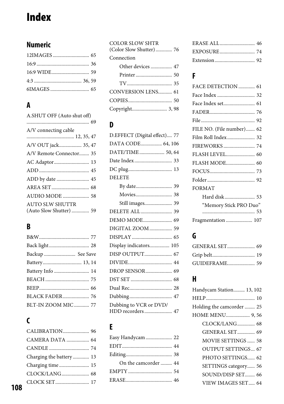 Index, Numeric | Sony DCR-SR220 User Manual | Page 108 / 111