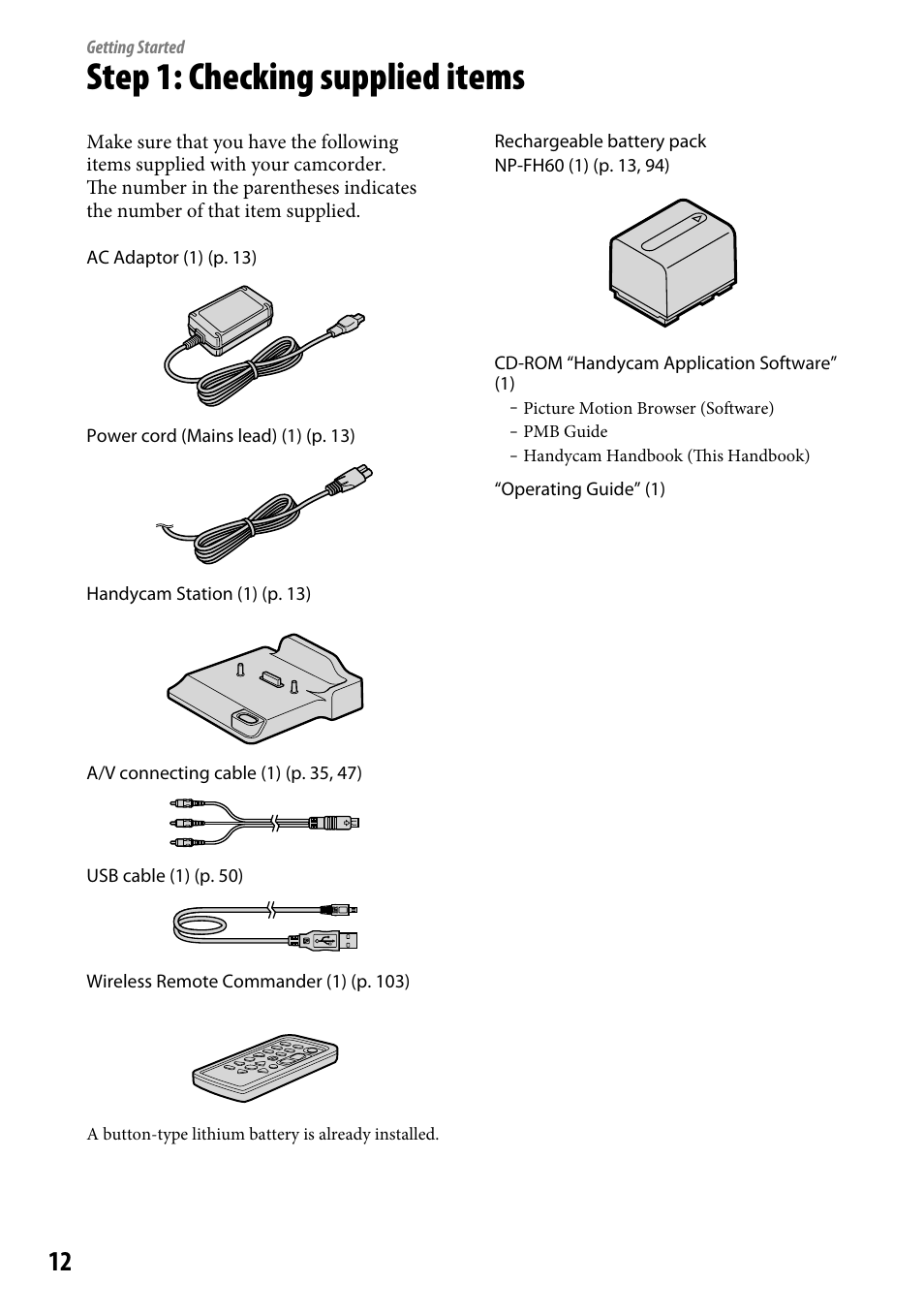 Getting started, Step 1: checking supplied items | Sony DCR-SR220 User Manual | Page 12 / 111