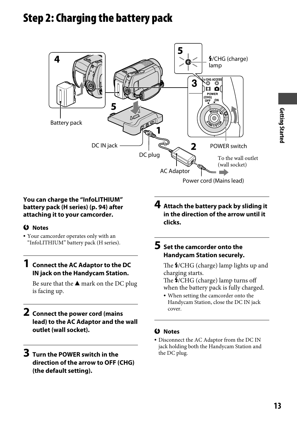 Step 2: charging the battery pack | Sony DCR-SR220 User Manual | Page 13 / 111