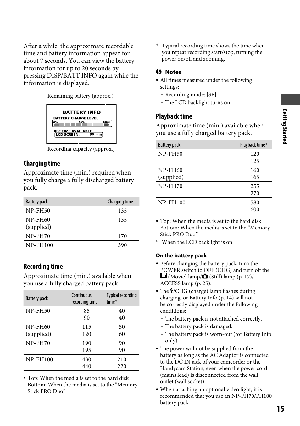 Charging time, Recording time, Playback time | Sony DCR-SR220 User Manual | Page 15 / 111