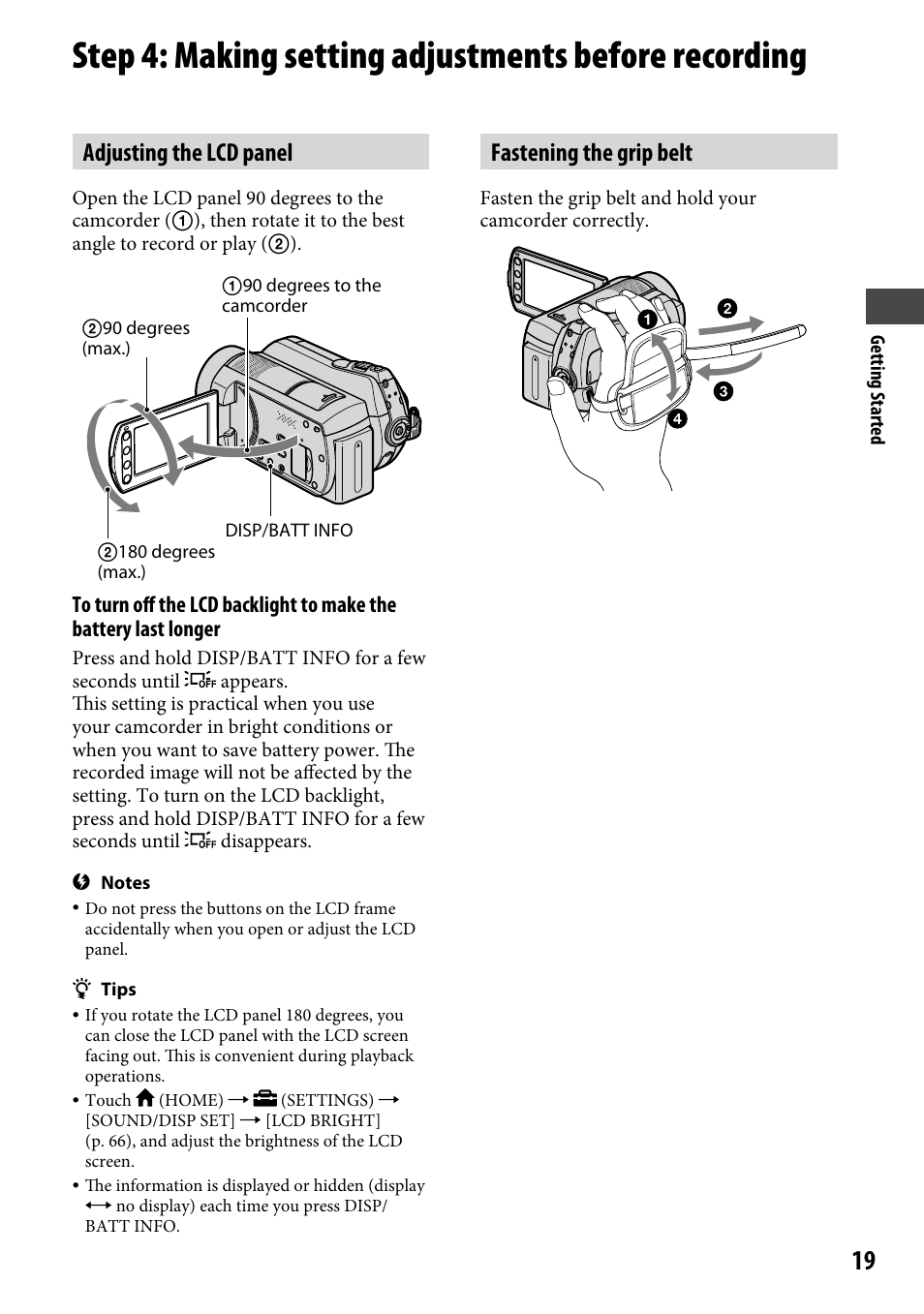 Adjusting the lcd panel, Fastening the grip belt | Sony DCR-SR220 User Manual | Page 19 / 111