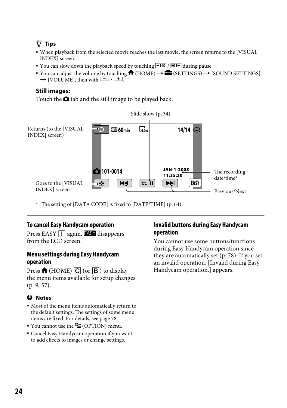 Menu settings during easy handycam operation, Invalid buttons during easy handycam operation | Sony DCR-SR220 User Manual | Page 24 / 111
