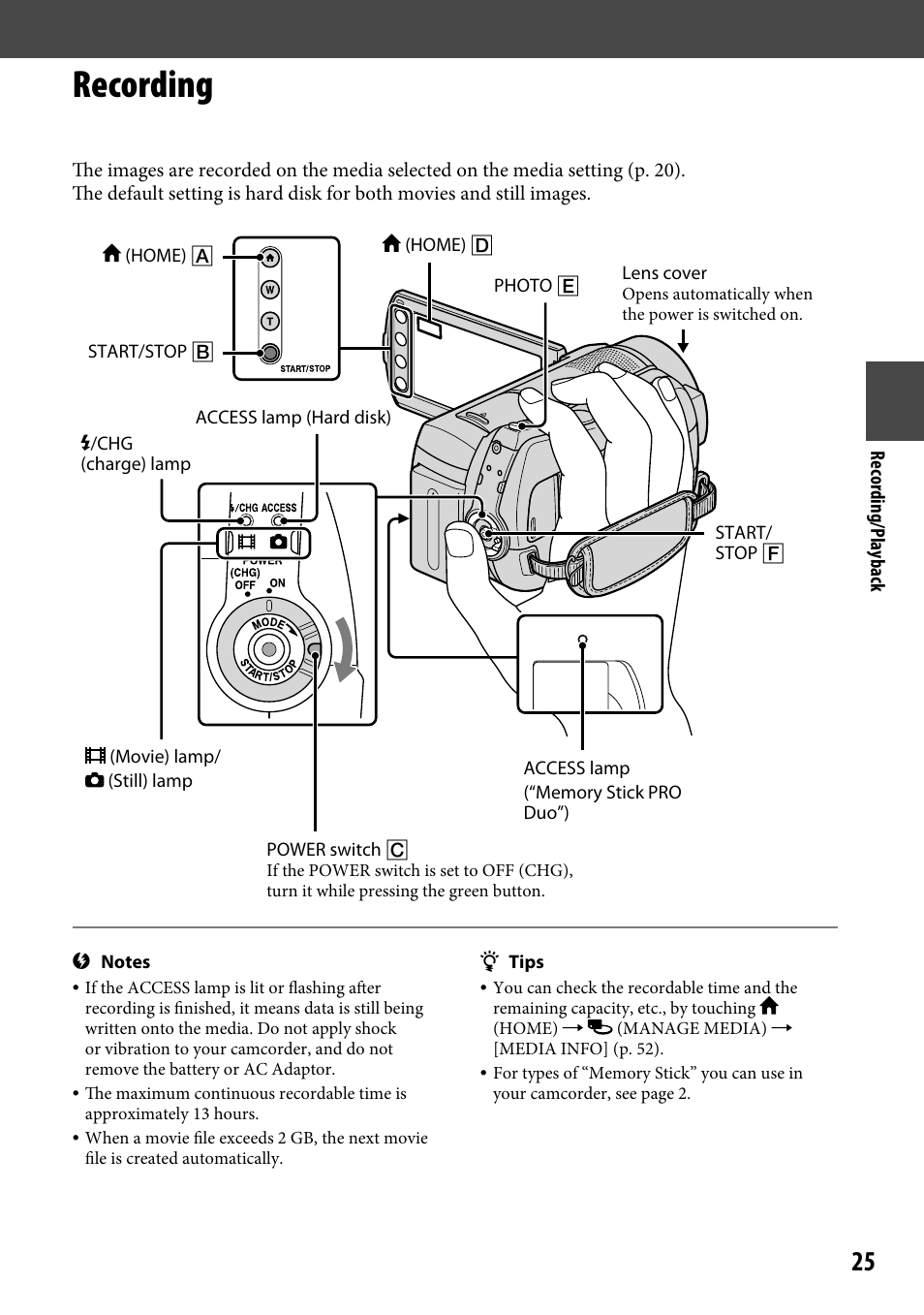 Recording | Sony DCR-SR220 User Manual | Page 25 / 111