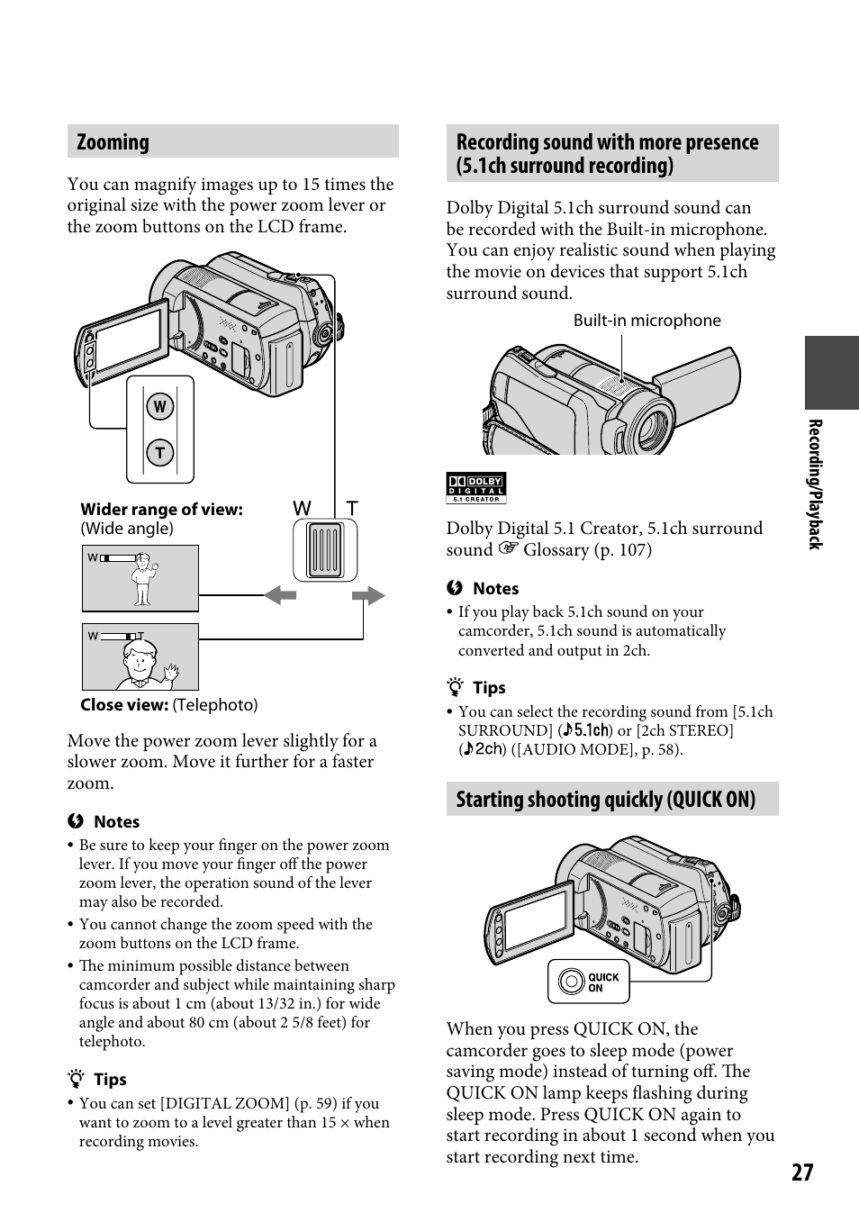 Zooming, Starting shooting quickly (quick on) | Sony DCR-SR220 User Manual | Page 27 / 111