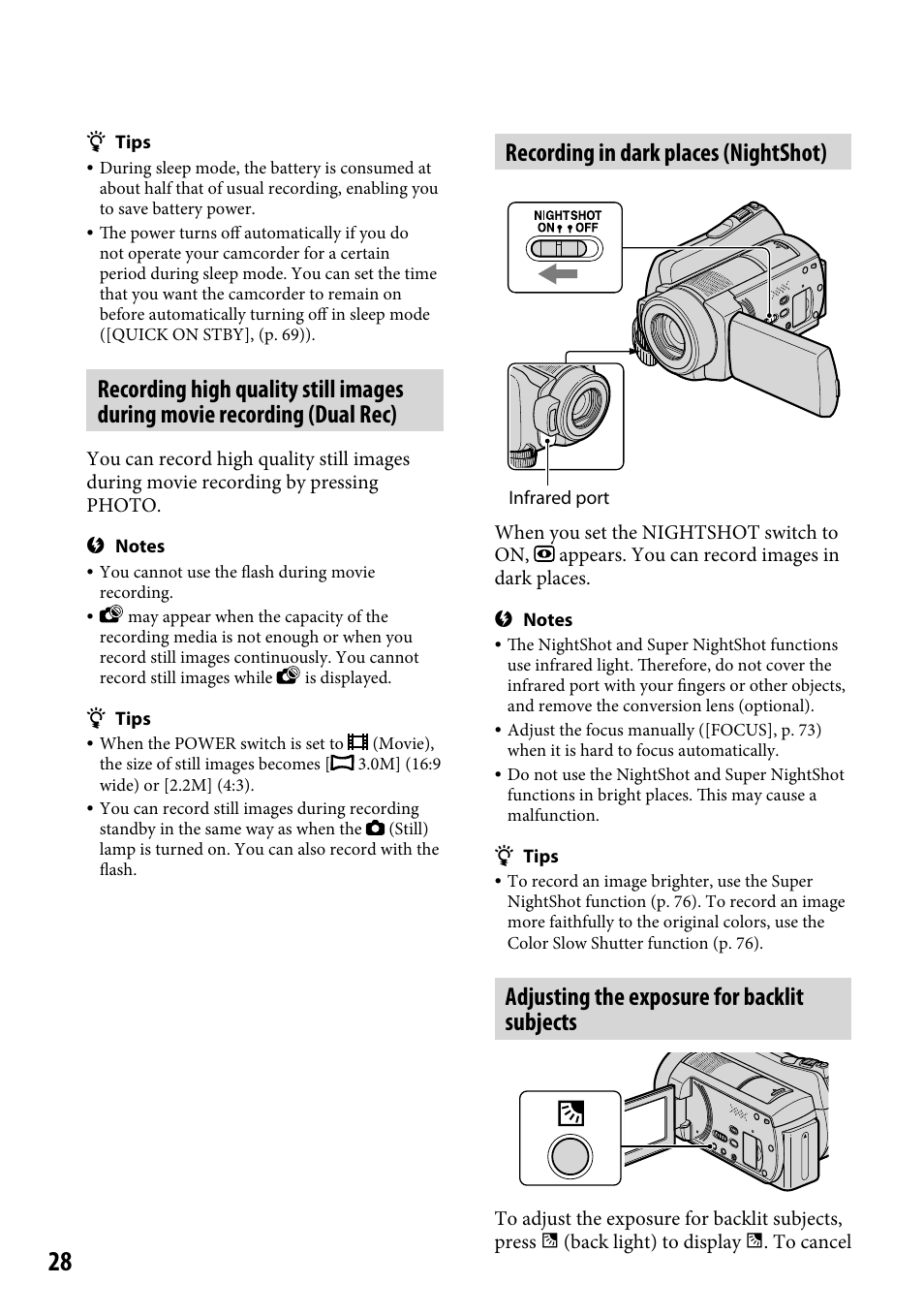 Recording in dark places (nightshot), Adjusting the exposure for backlit subjects | Sony DCR-SR220 User Manual | Page 28 / 111
