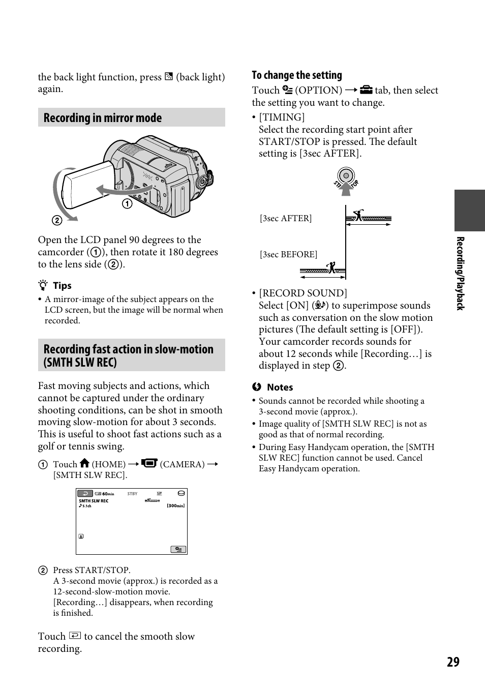 Recording in mirror mode | Sony DCR-SR220 User Manual | Page 29 / 111