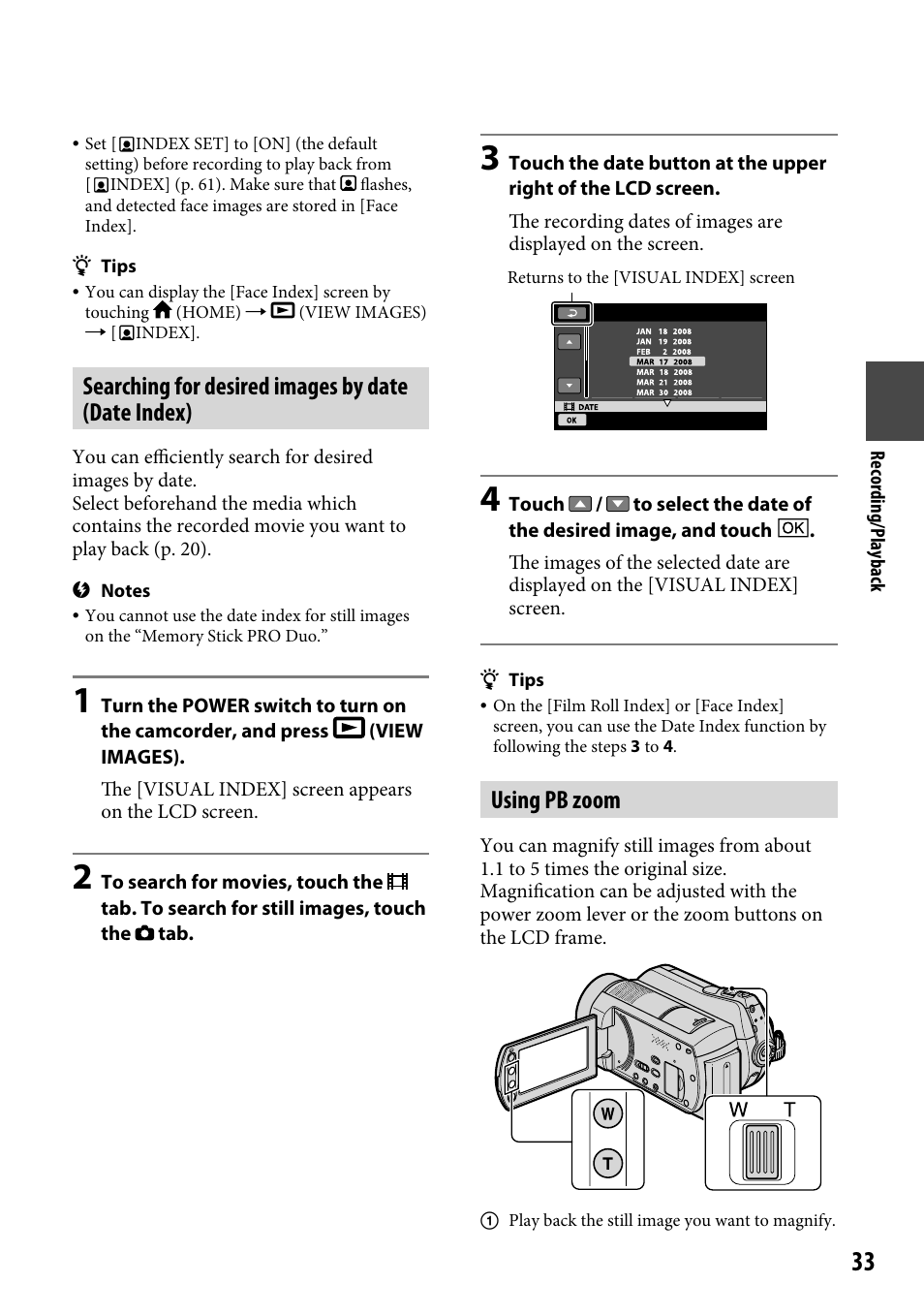 Searching for desired images by date (date index), Using pb zoom | Sony DCR-SR220 User Manual | Page 33 / 111