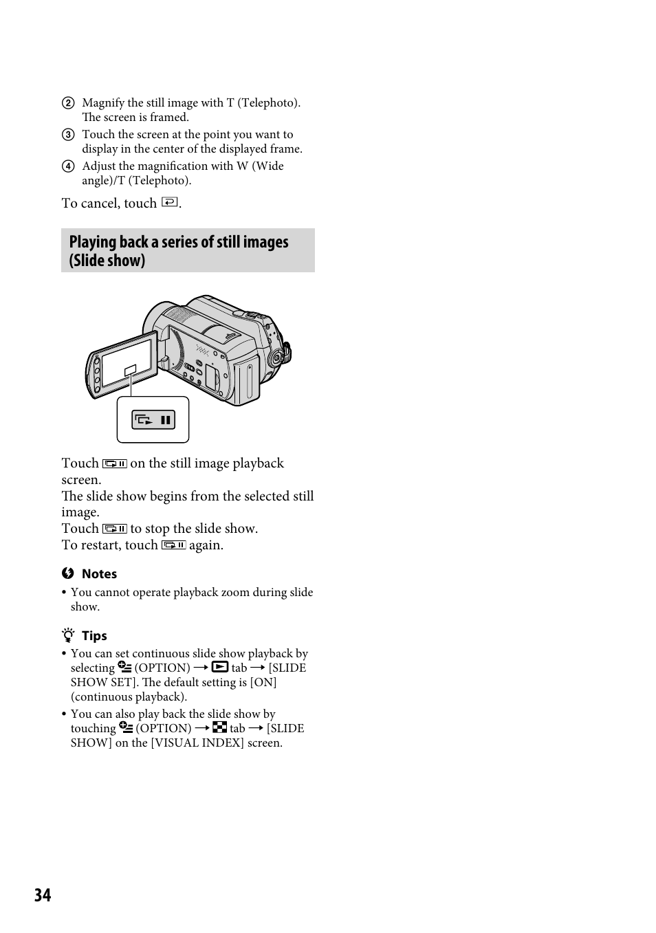 Playing back a series of still images (slide show) | Sony DCR-SR220 User Manual | Page 34 / 111