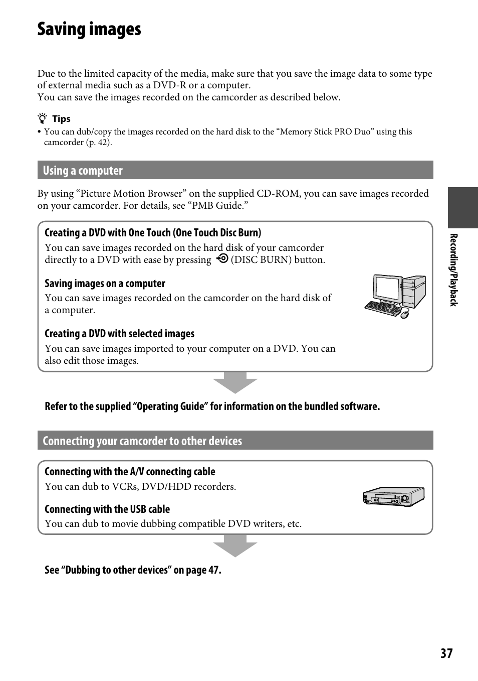 Saving images, Using a computer, Connecting your camcorder to other devices | Sony DCR-SR220 User Manual | Page 37 / 111