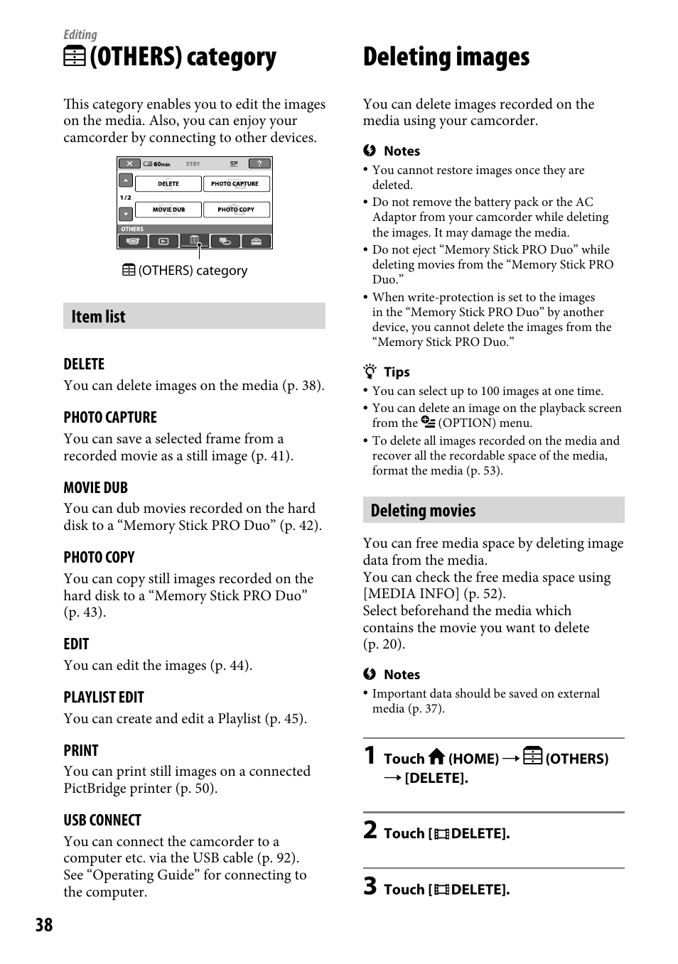 Editing, Others) category, Deleting images | Item list, Deleting movies | Sony DCR-SR220 User Manual | Page 38 / 111