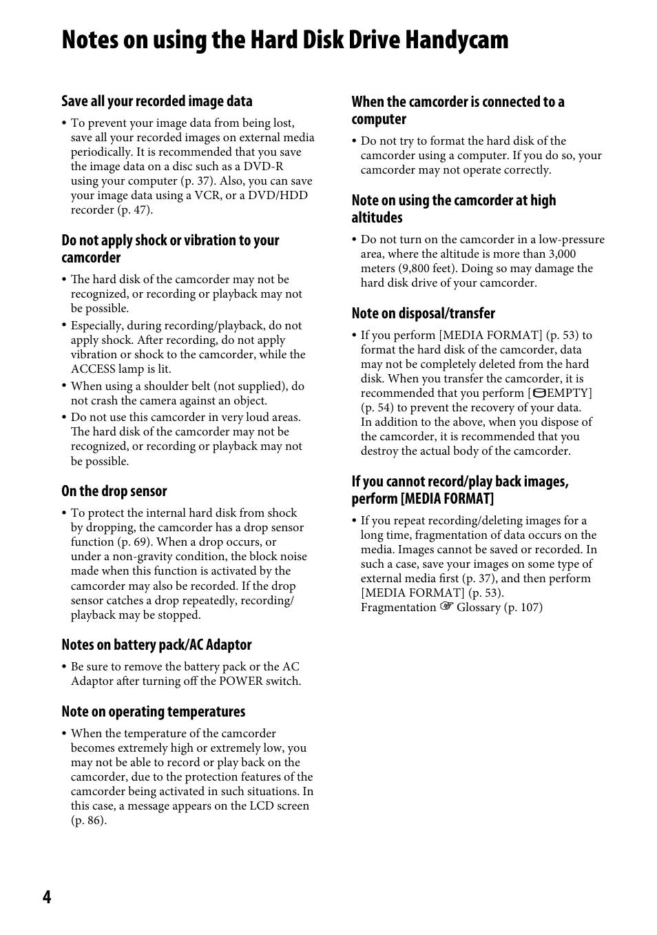 Notes on using the hard disk drive handycam, Save all your recorded image data, Do not apply shock or vibration to your camcorder | On the drop sensor, When the camcorder is connected to a computer | Sony DCR-SR220 User Manual | Page 4 / 111