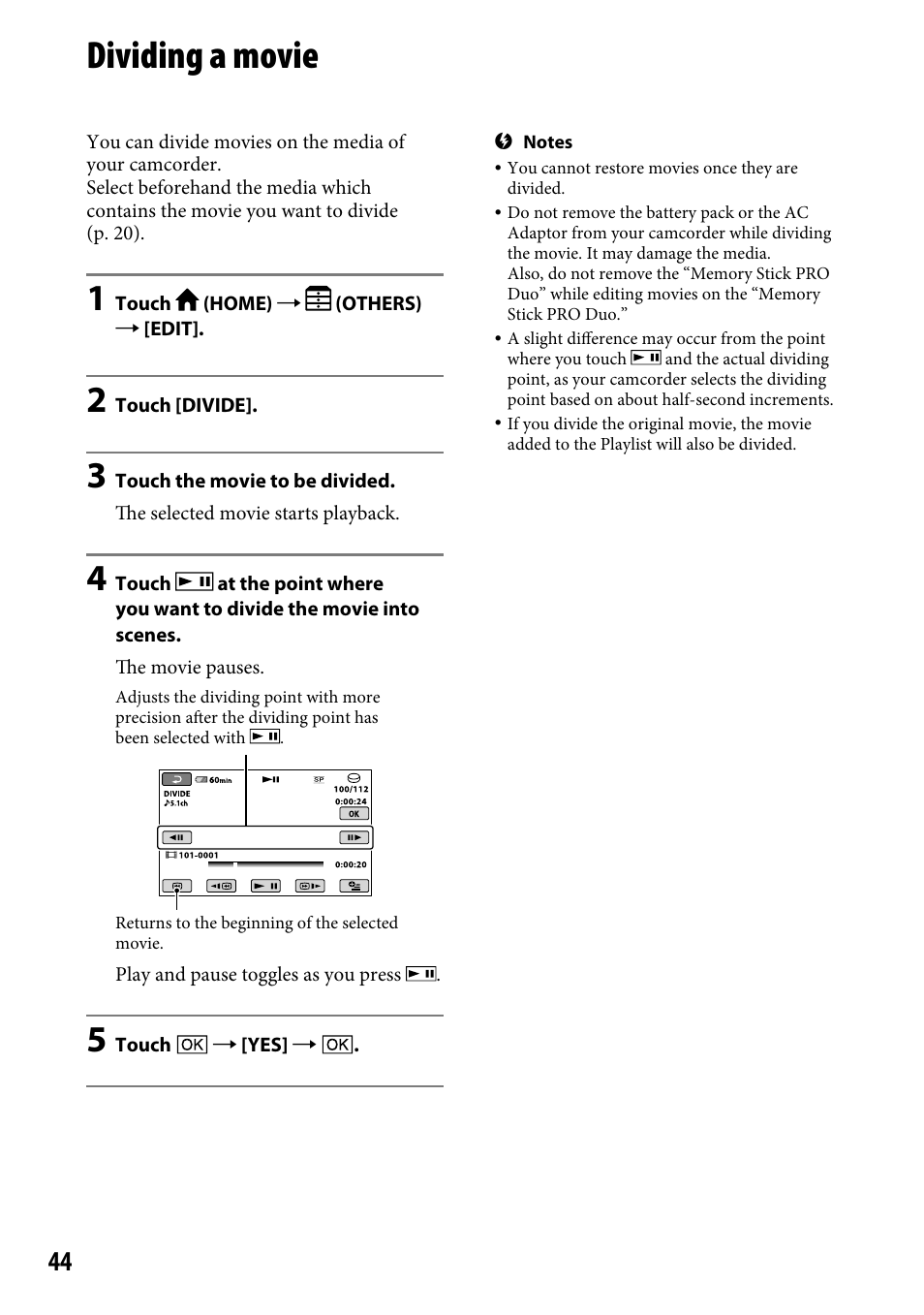 Dividing a movie | Sony DCR-SR220 User Manual | Page 44 / 111