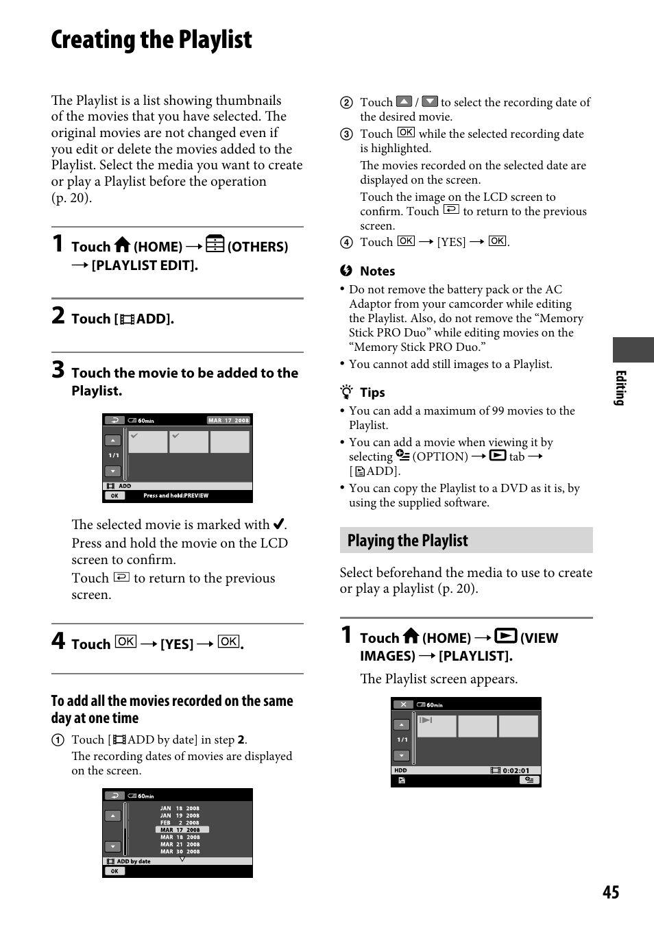 Creating the playlist, Playing the playlist | Sony DCR-SR220 User Manual | Page 45 / 111