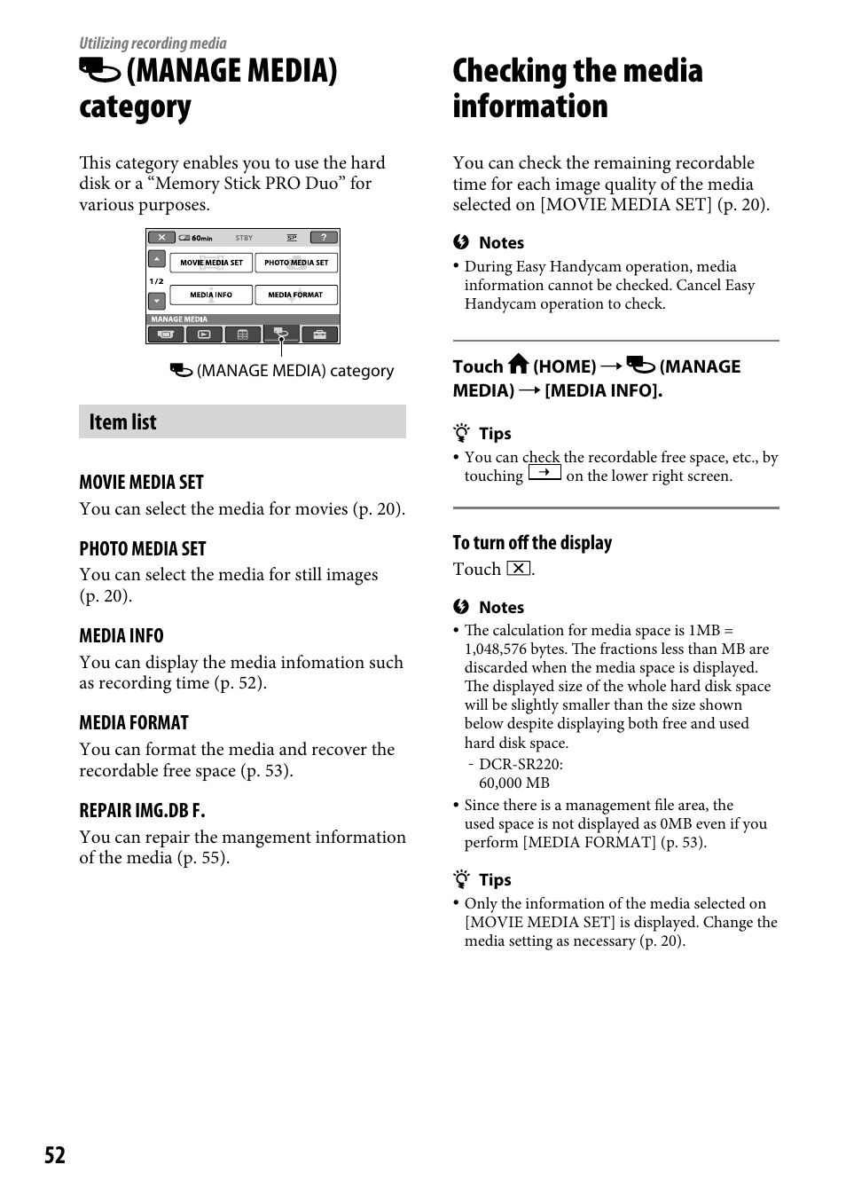 Utilizing recording media, Manage media) category, Checking the media information | Item list | Sony DCR-SR220 User Manual | Page 52 / 111