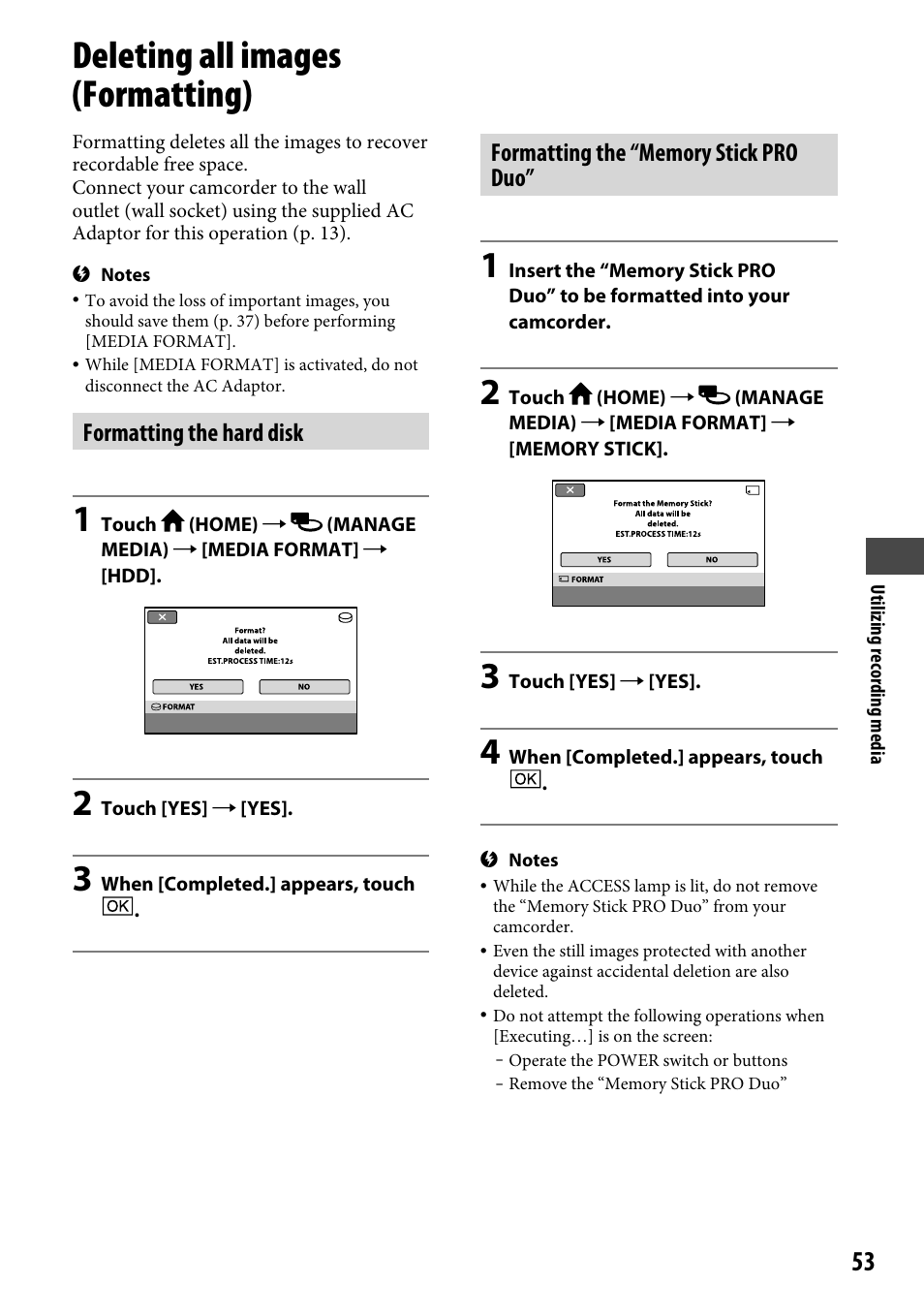 Deleting all images (formatting), Formatting the hard disk | Sony DCR-SR220 User Manual | Page 53 / 111