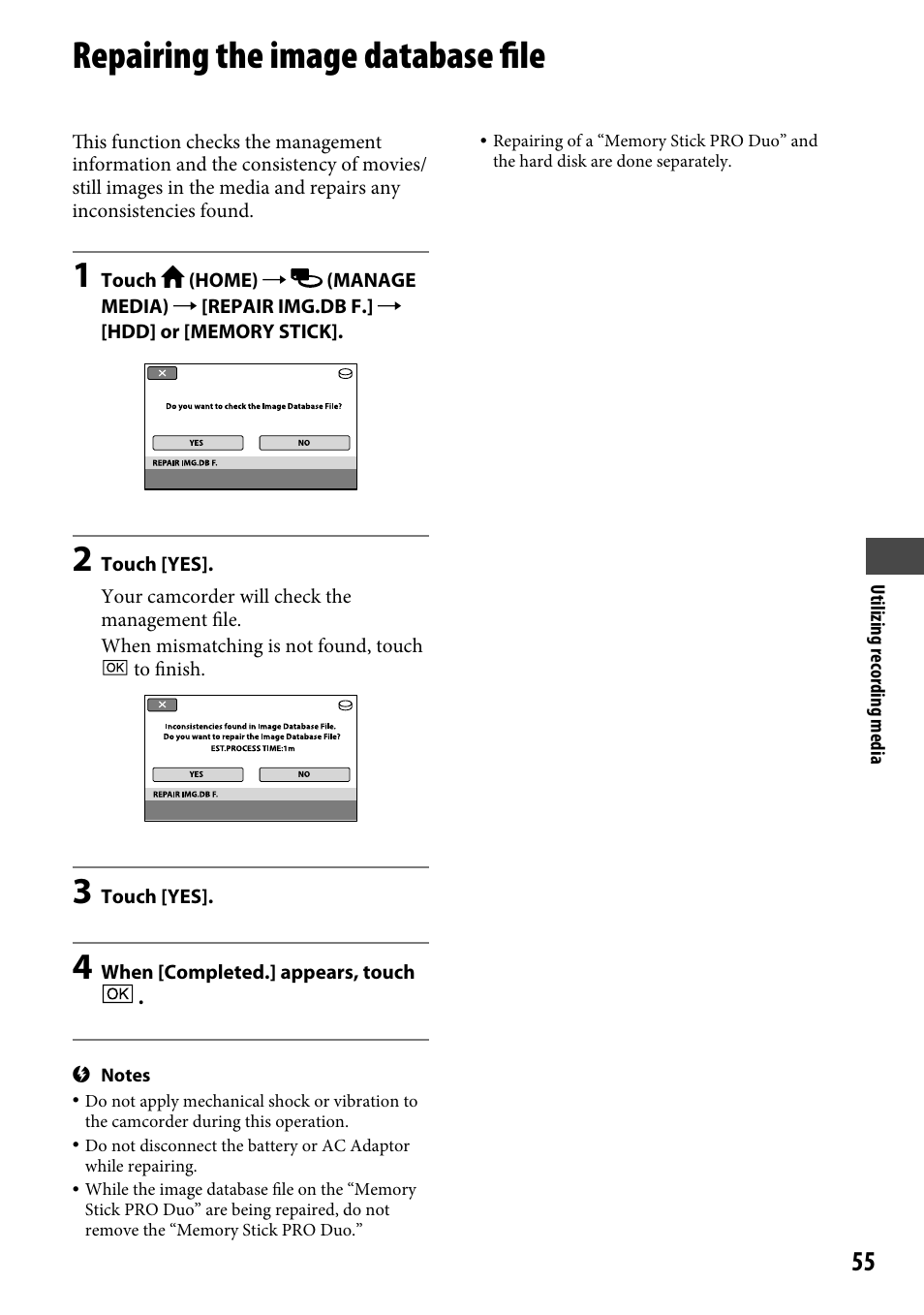 Repairing the image database file | Sony DCR-SR220 User Manual | Page 55 / 111