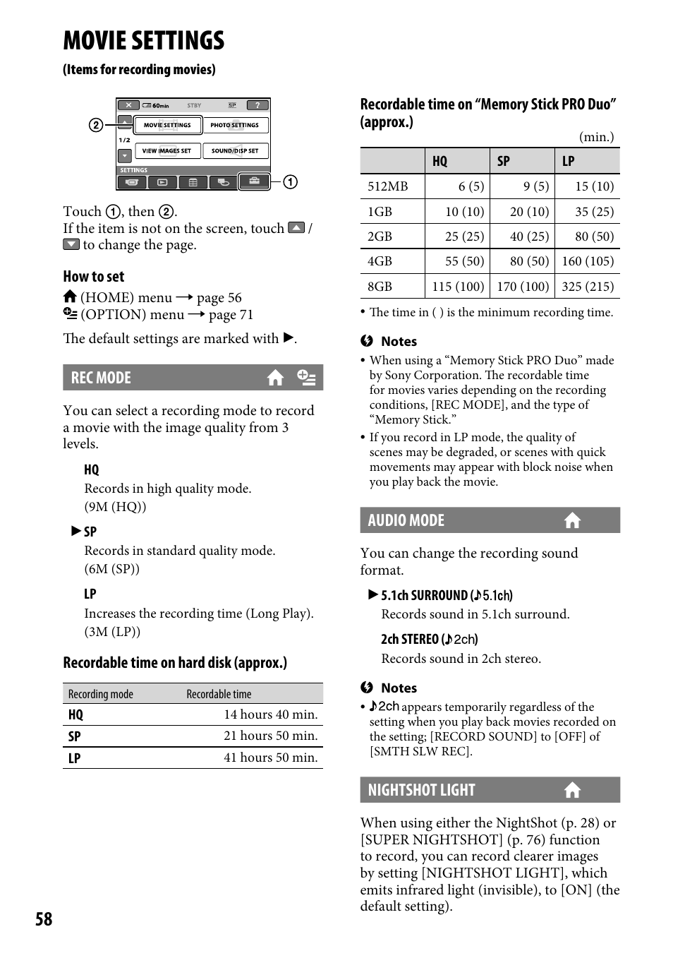 Movie settings (items for recording movies), Movie settings, Rec mode | Audio mode, Nightshot light | Sony DCR-SR220 User Manual | Page 58 / 111