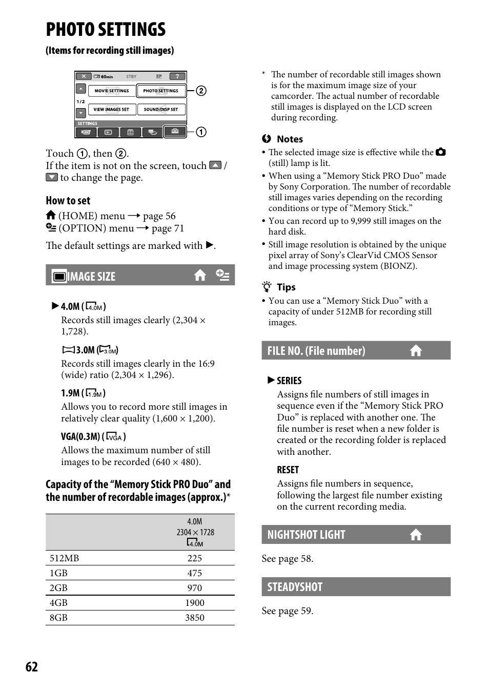 Photo settings (items for recording still images), Photo settings, Image size | File no. (file number), Nightshot light, Steadyshot | Sony DCR-SR220 User Manual | Page 62 / 111