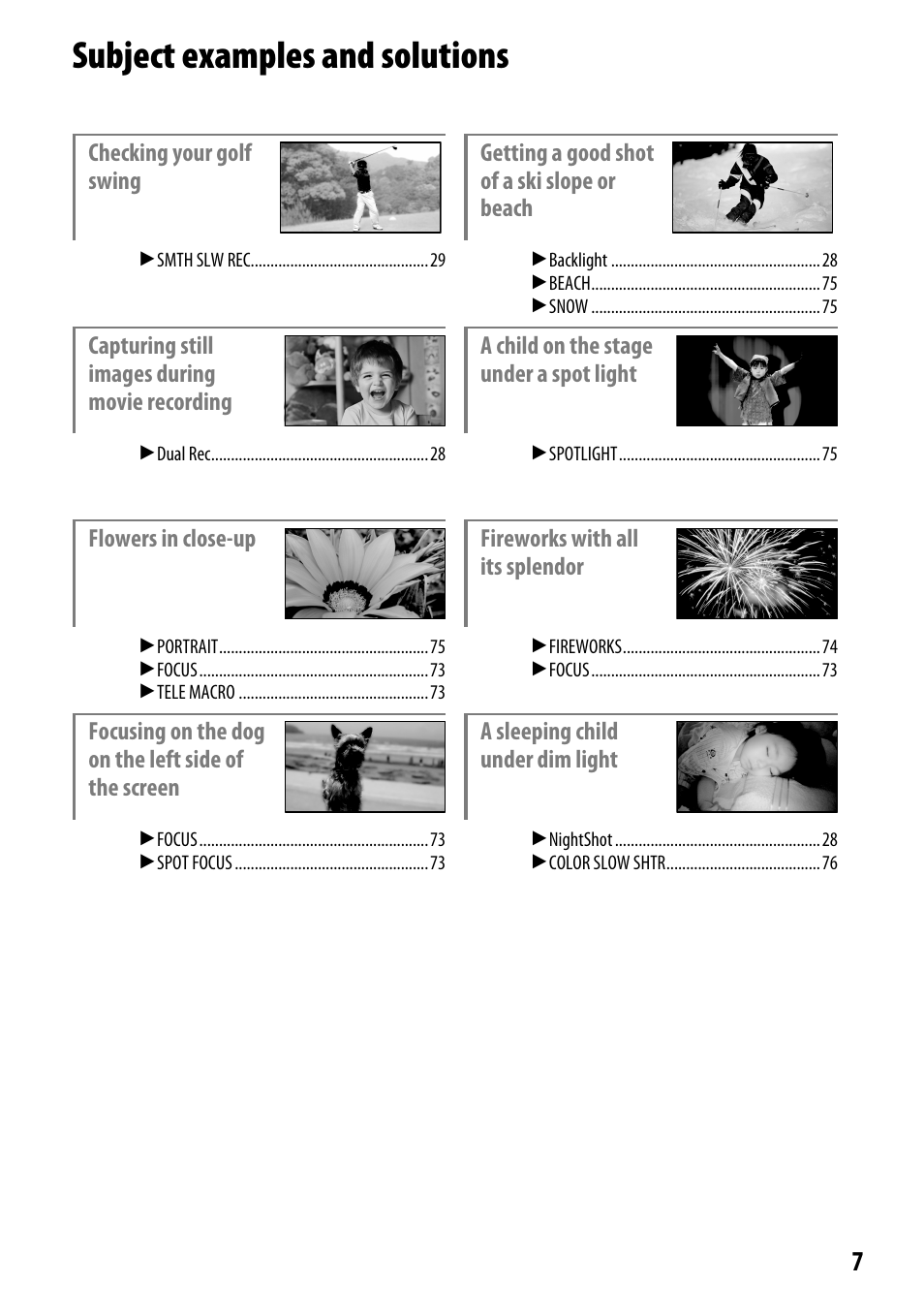 Subject examples and solutions | Sony DCR-SR220 User Manual | Page 7 / 111