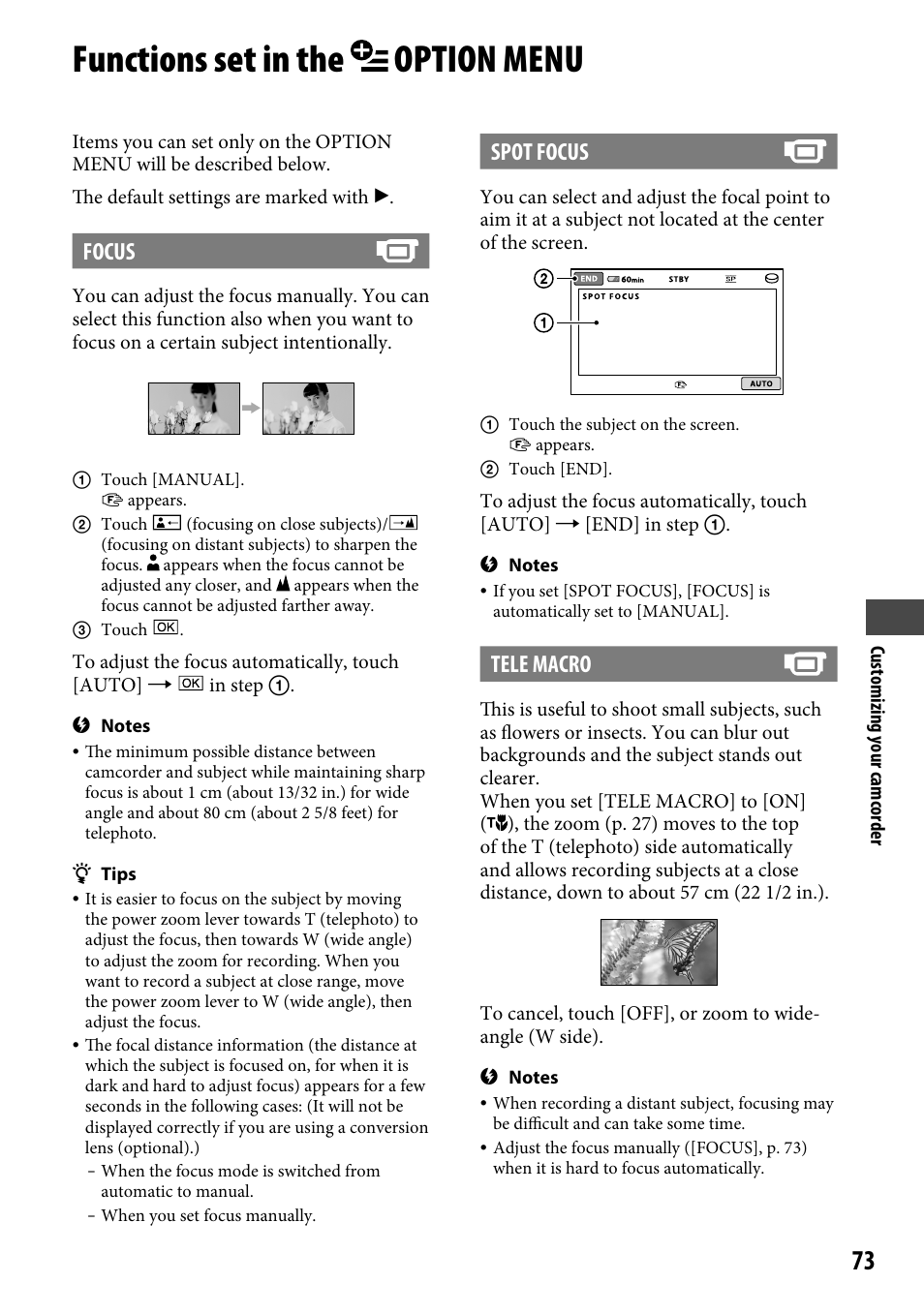 Functions set in the option menu, Focus, Spot focus | Tele macro | Sony DCR-SR220 User Manual | Page 73 / 111