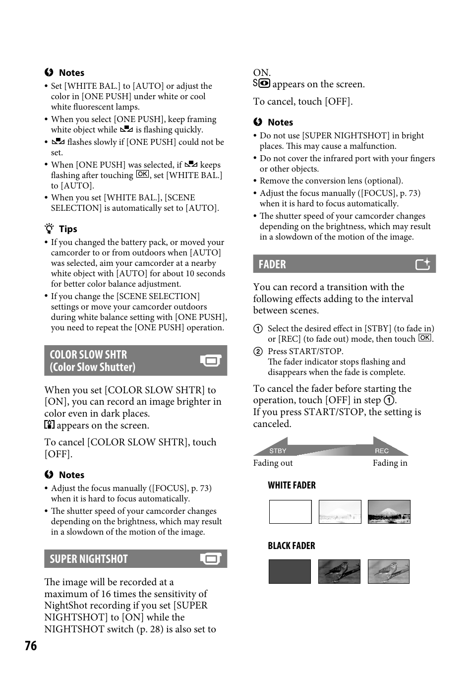 Color slow shtr (color slow shutter), Super nightshot, Fader | Sony DCR-SR220 User Manual | Page 76 / 111