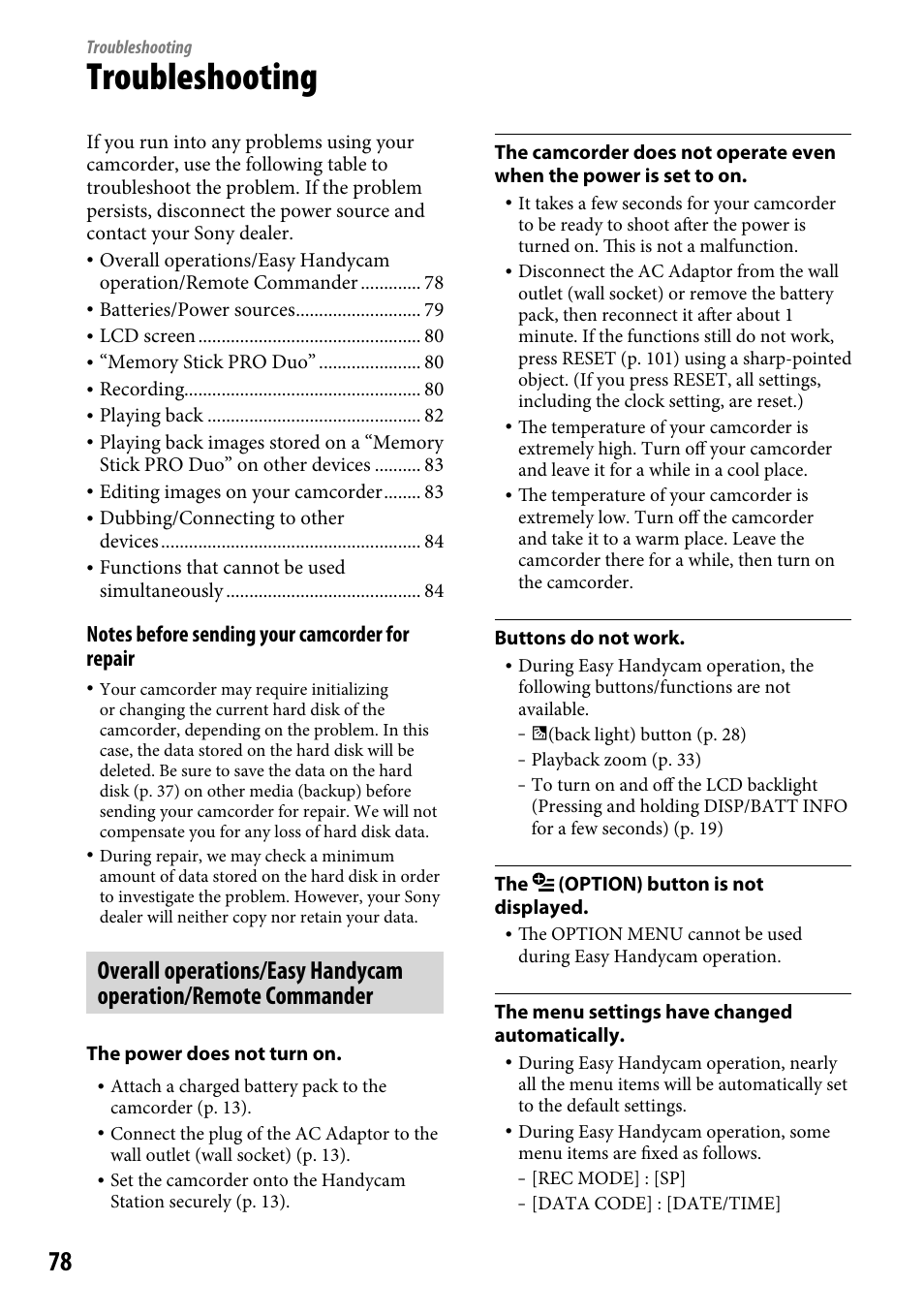 Troubleshooting | Sony DCR-SR220 User Manual | Page 78 / 111