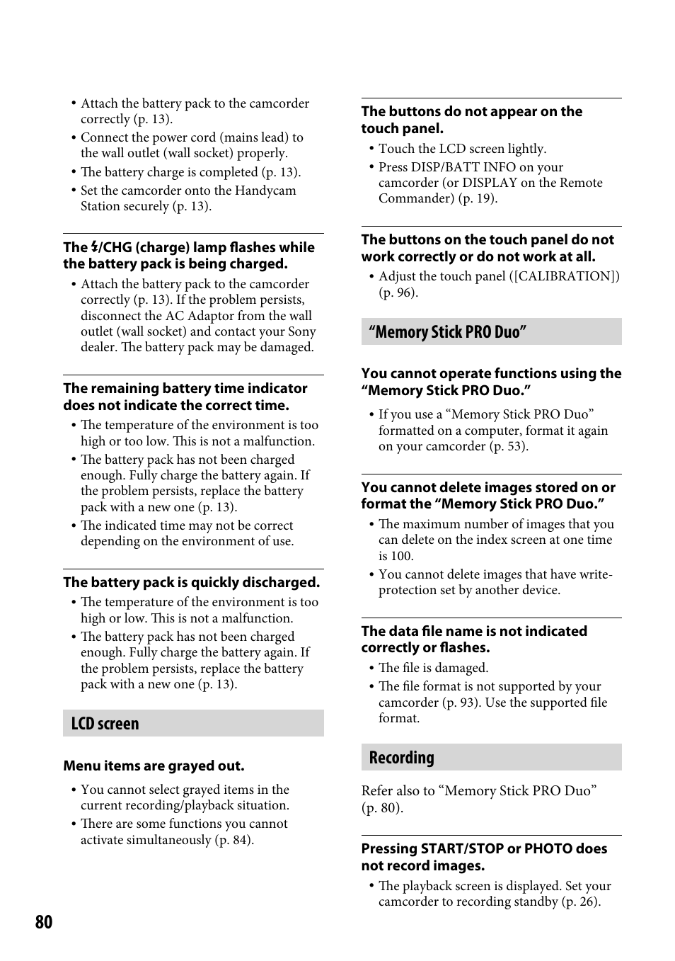 Lcd screen, Recording | Sony DCR-SR220 User Manual | Page 80 / 111