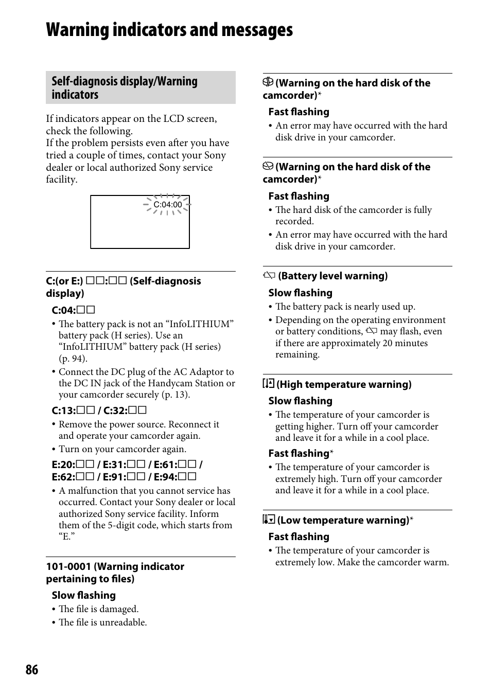 Warning indicators and messages, Self-diagnosis display/warning indicators | Sony DCR-SR220 User Manual | Page 86 / 111