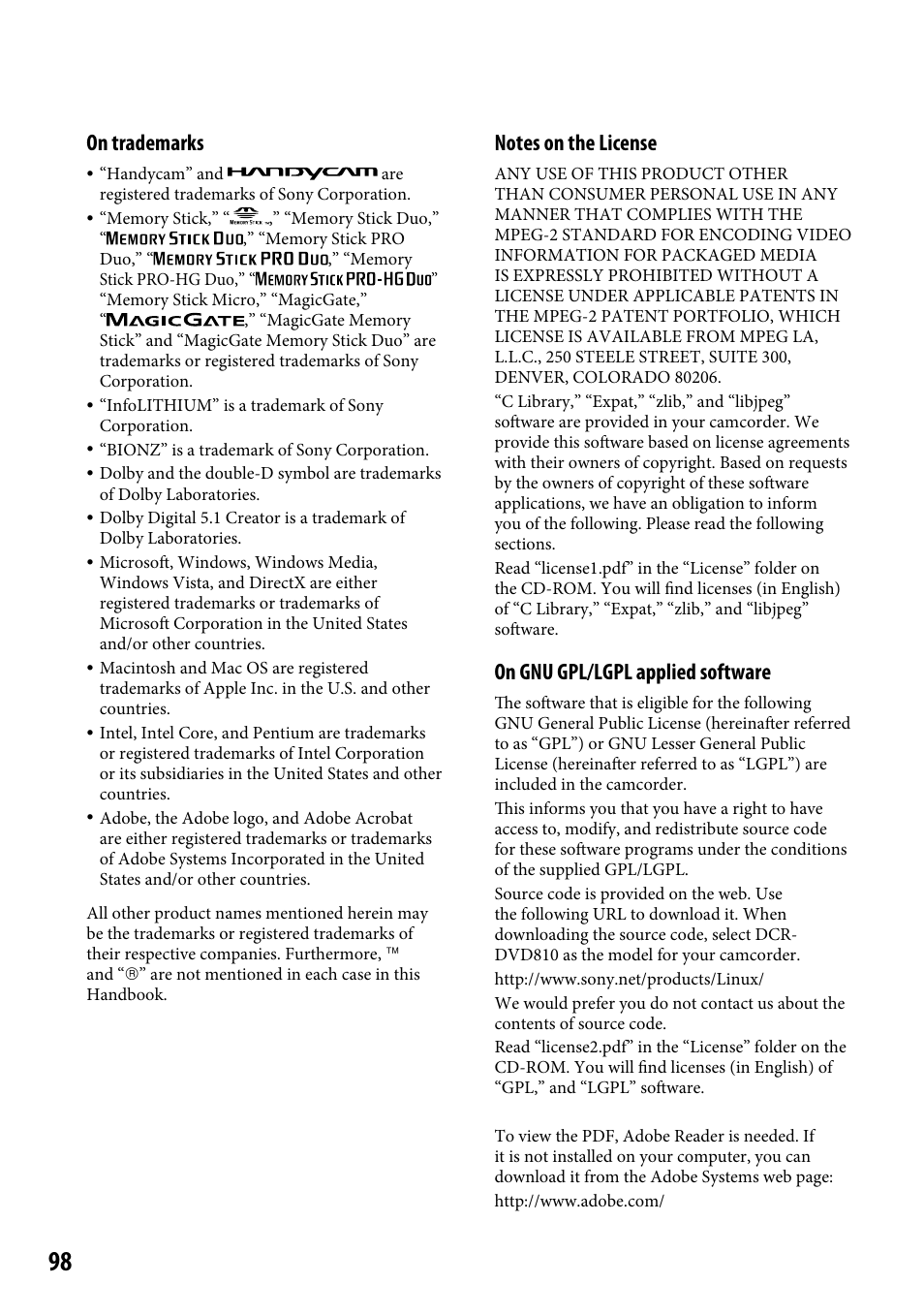 On trademarks, On gnu gpl/lgpl applied software | Sony DCR-SR220 User Manual | Page 98 / 111