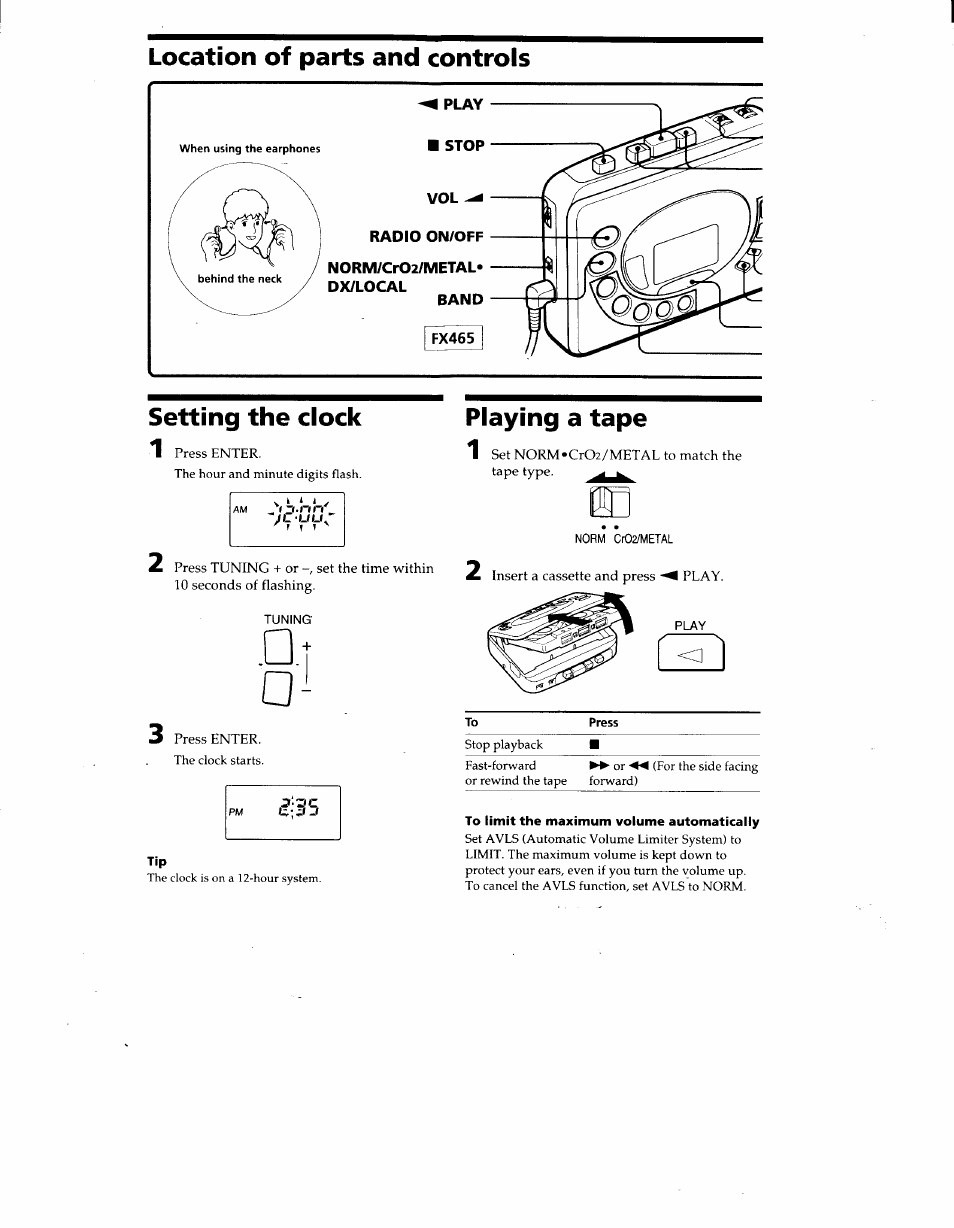 Location of parts and controls, Setting the clock, Playing a tape | To limit the maximum volume automatically, Location of parts and controls setting the clock, Jl -uu | Sony WM-FX465 User Manual | Page 2 / 6