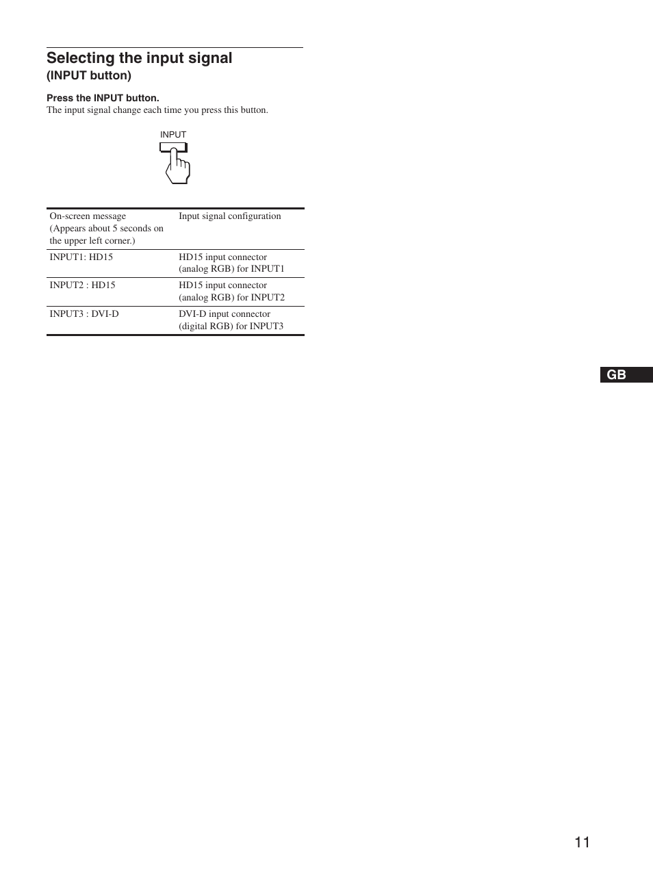 Selecting the input signal (input button), Selecting the input signal | Sony SDM-HX73 User Manual | Page 11 / 25