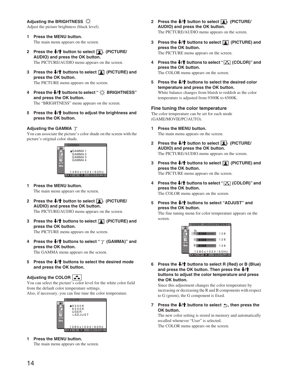 Adjusting the brightness, Adjusting the gamma, Adjusting the color | Sony SDM-HX73 User Manual | Page 14 / 25