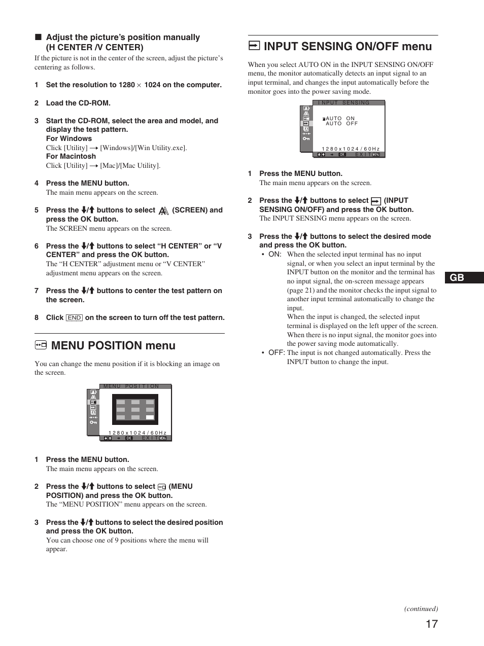 Menu position menu, Input sensing on/off menu | Sony SDM-HX73 User Manual | Page 17 / 25