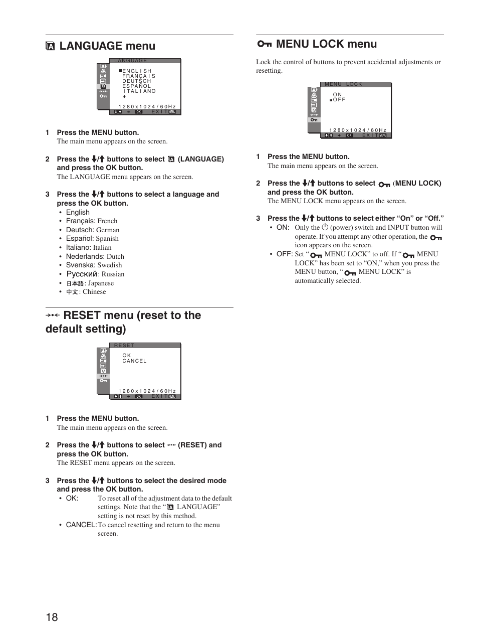 Language menu, Reset menu (reset to the default setting), Menu lock menu | 18 language menu, 0reset menu (reset to the default setting) | Sony SDM-HX73 User Manual | Page 18 / 25